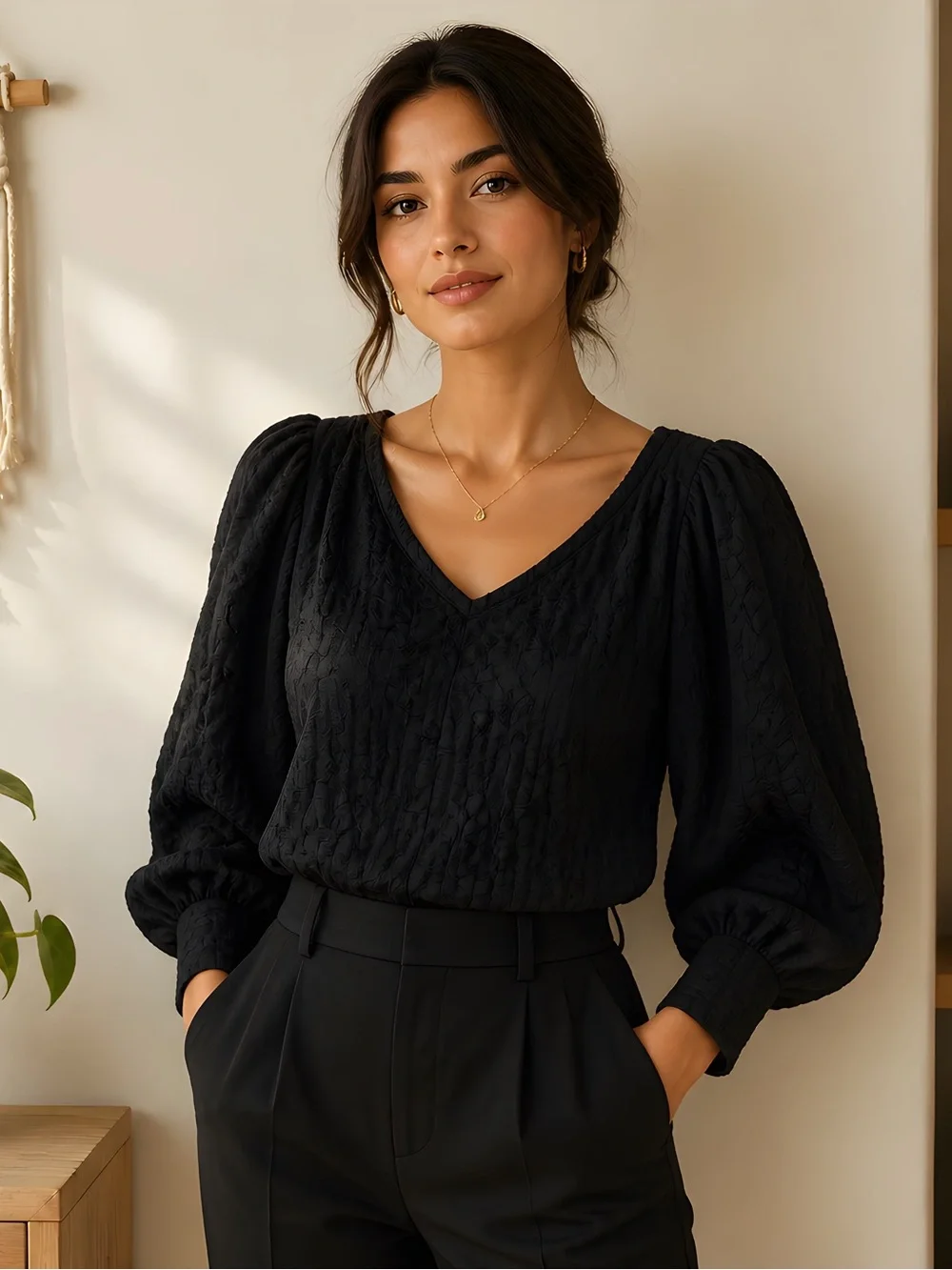 Free People Black Textured V-Neck Puff Sleeve Blouse
